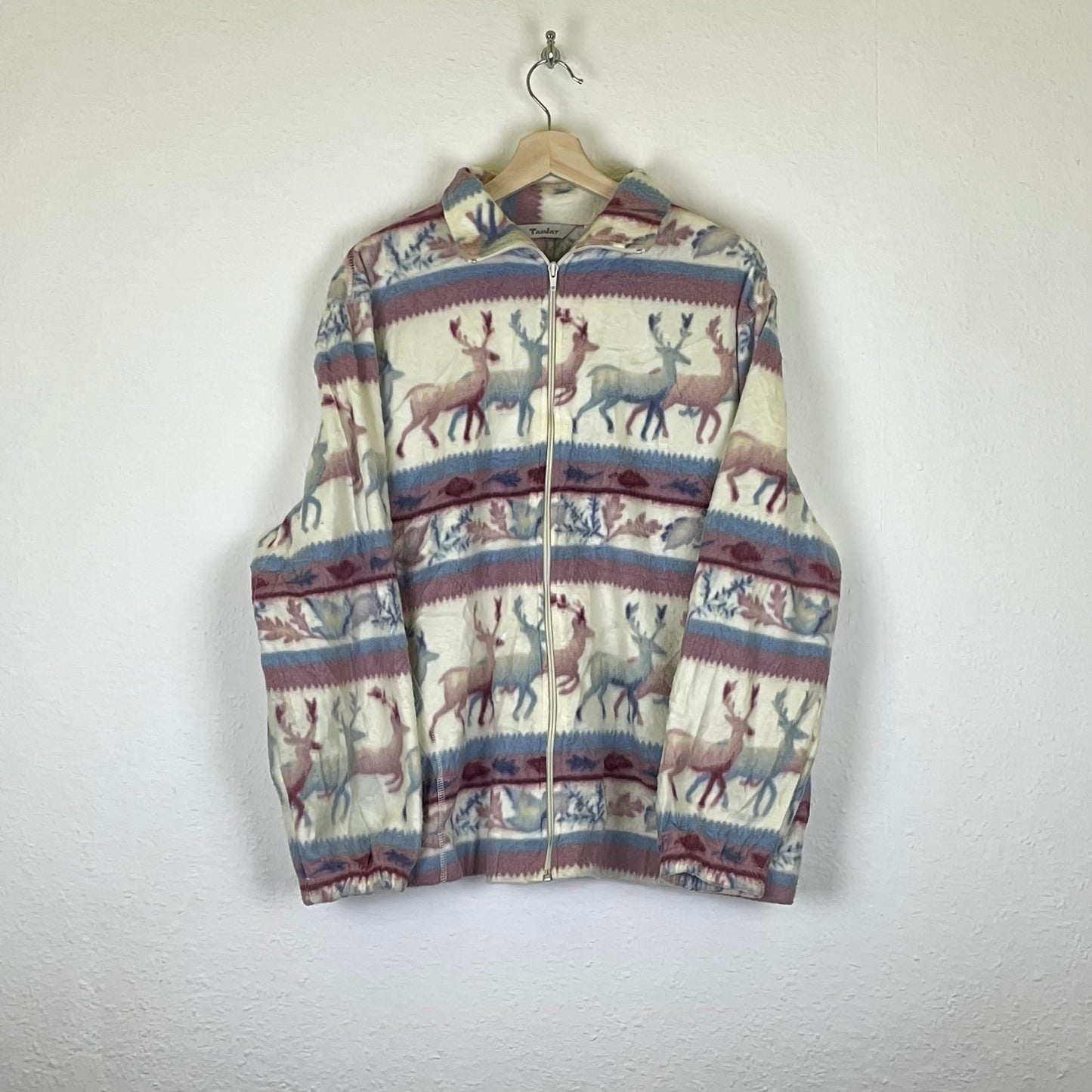 Vintage Christmas themed reindeer print fleece jacket L