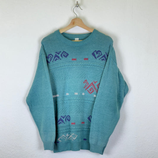 Vintage patterned turquoise knit sweater M